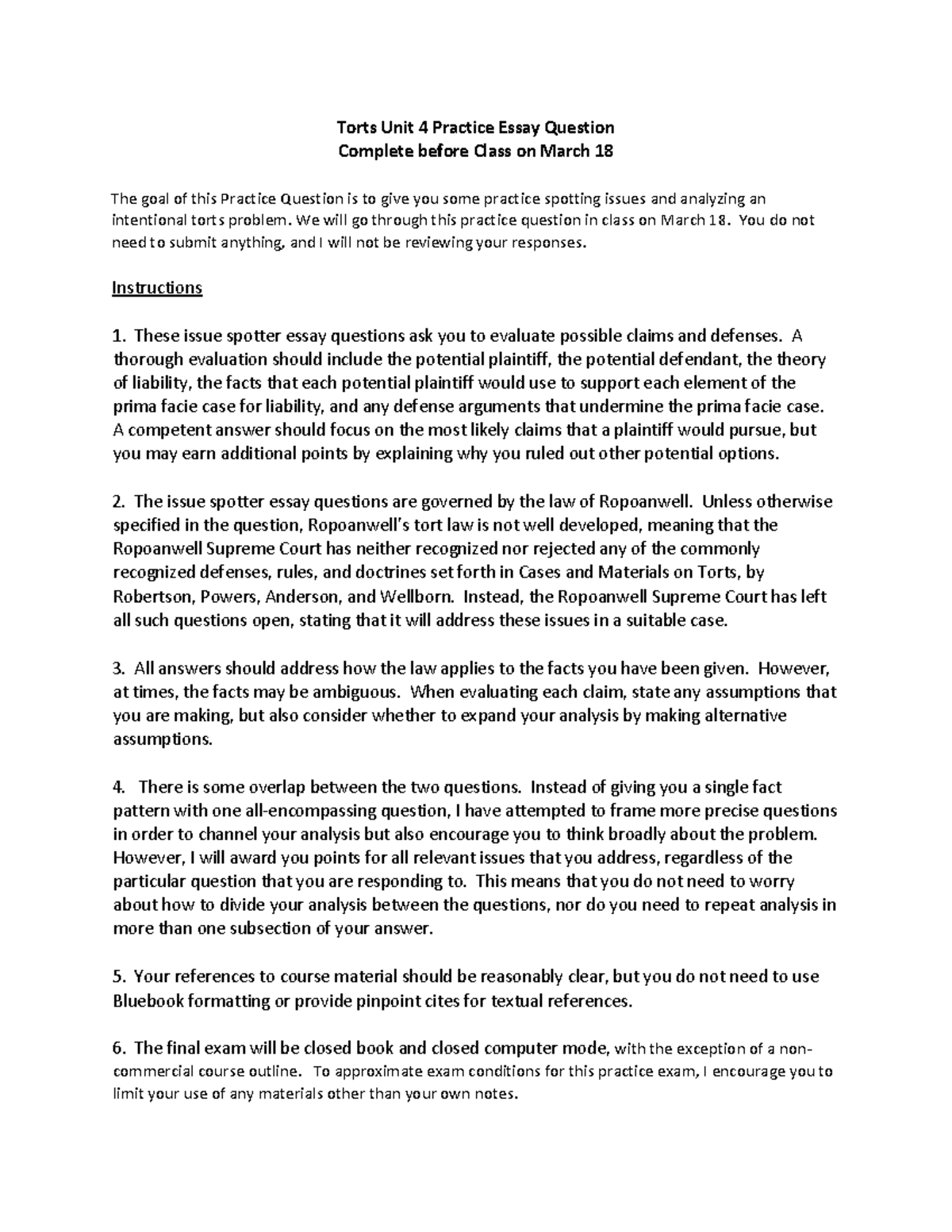 Practice Essay Questions - Torts Unit 4 Analysis and Issues - Studocu