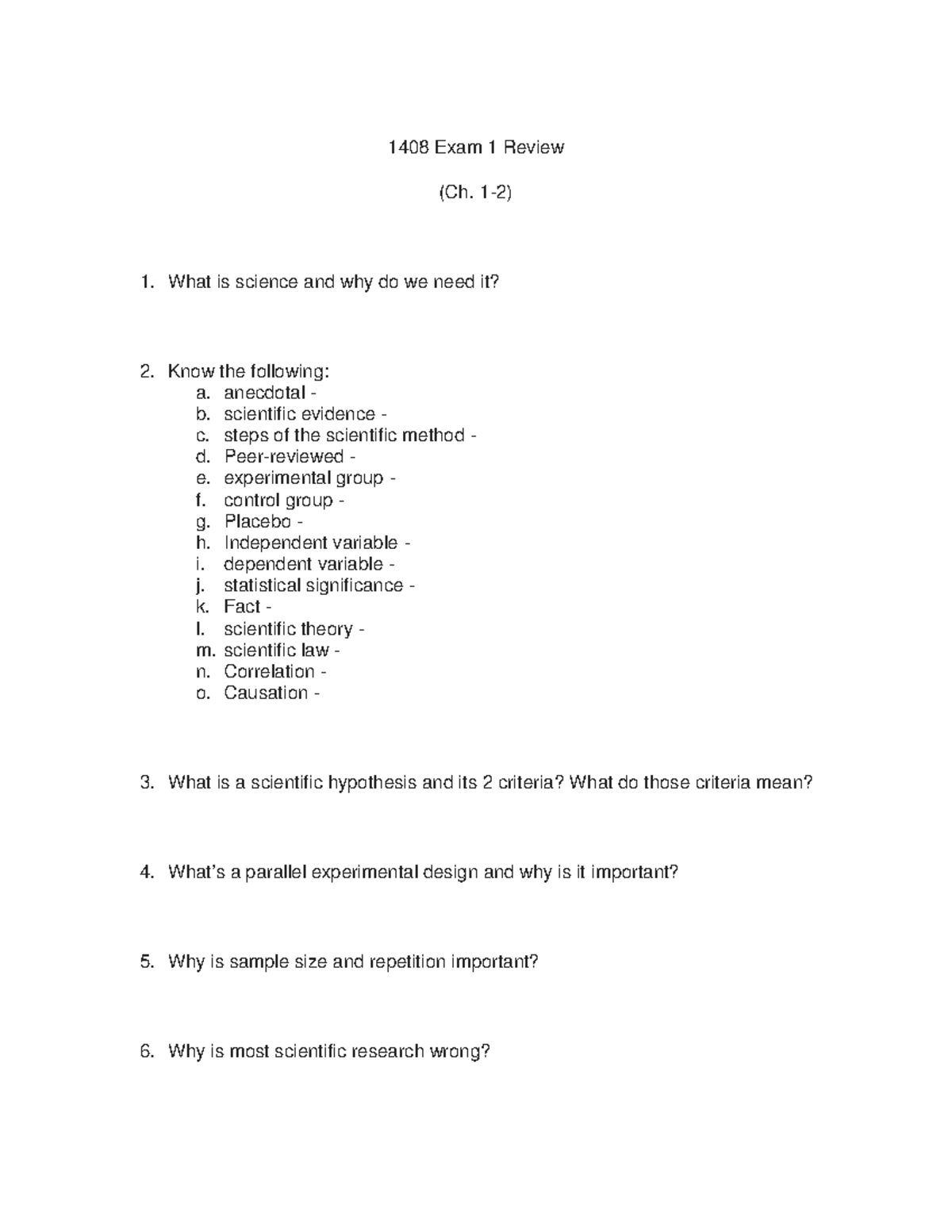1408 Exam 1 Review Key Concepts From Ch 1 2 On Science Studocu