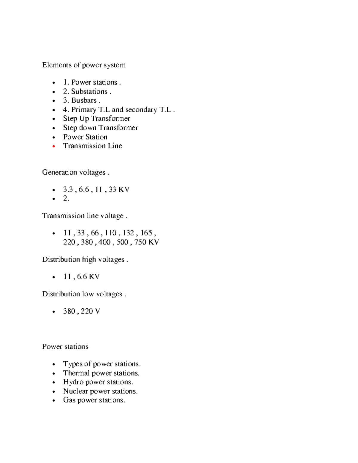 Elements of power system - Power stations. 2. Substations. 3. Busbars ...