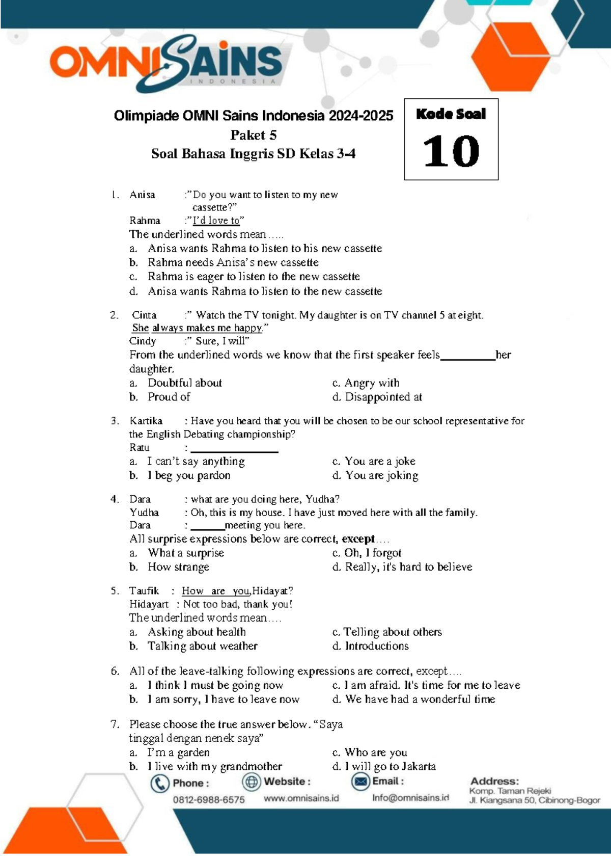 Bahasa Inggris 3-4 SD Soal Ujian Paket 5: Olimpiade OMNI Sains - Document Preview