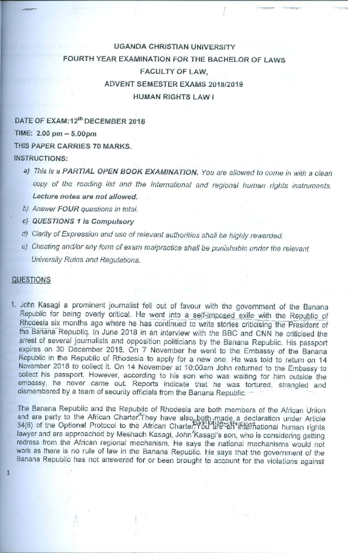 LLB4-2018 Human Rights Law I - Past Exam Paper & Instructions - Studocu