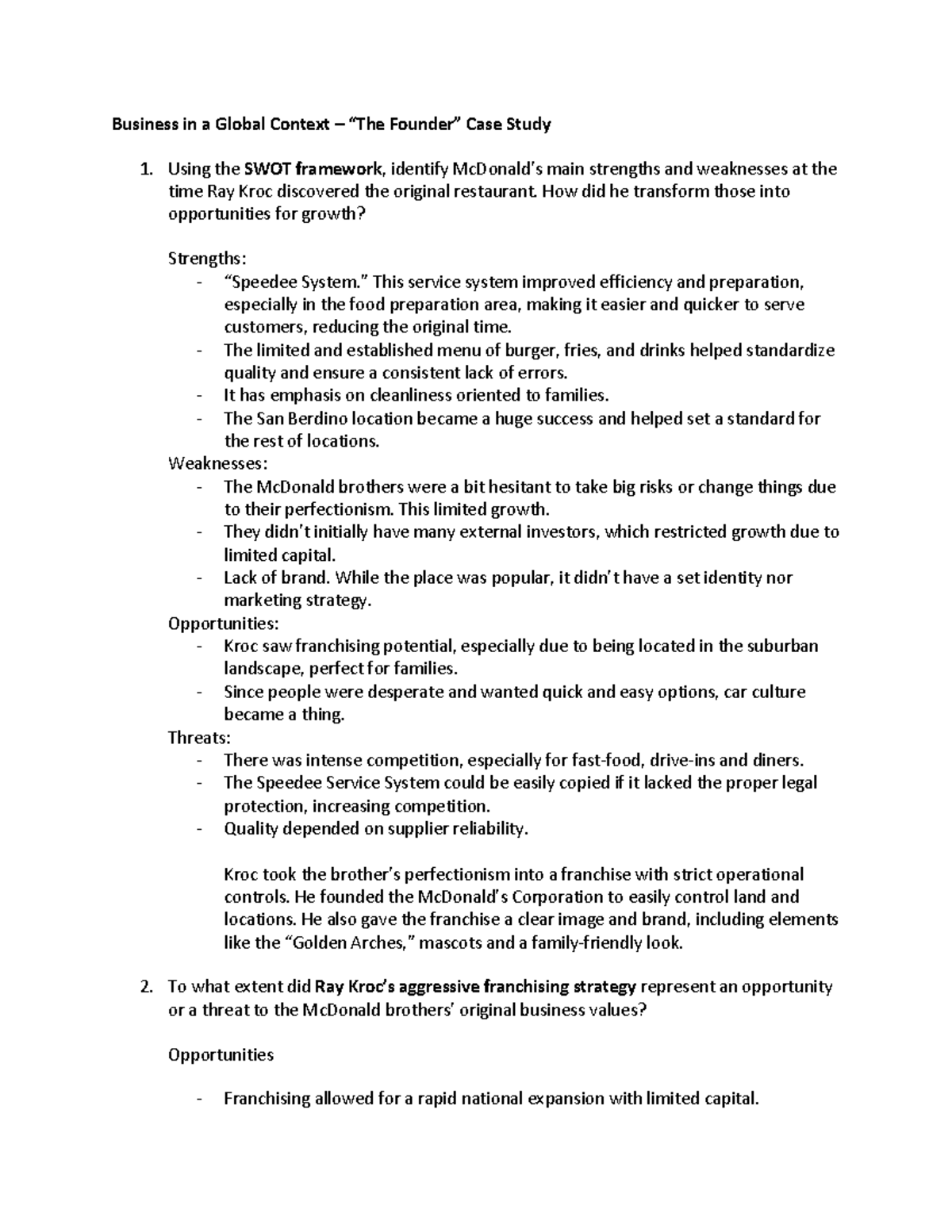 BUS 101: The Founder - Global Business Case Study Analysis - Studocu