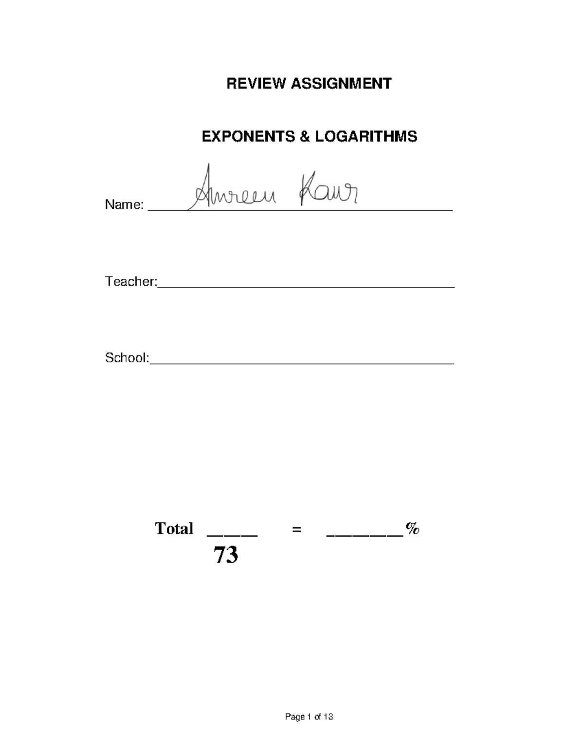 Reveiw Assignment- Exponents Logarithms - REVIEW ASSIGNMENT EXPONENTS ...