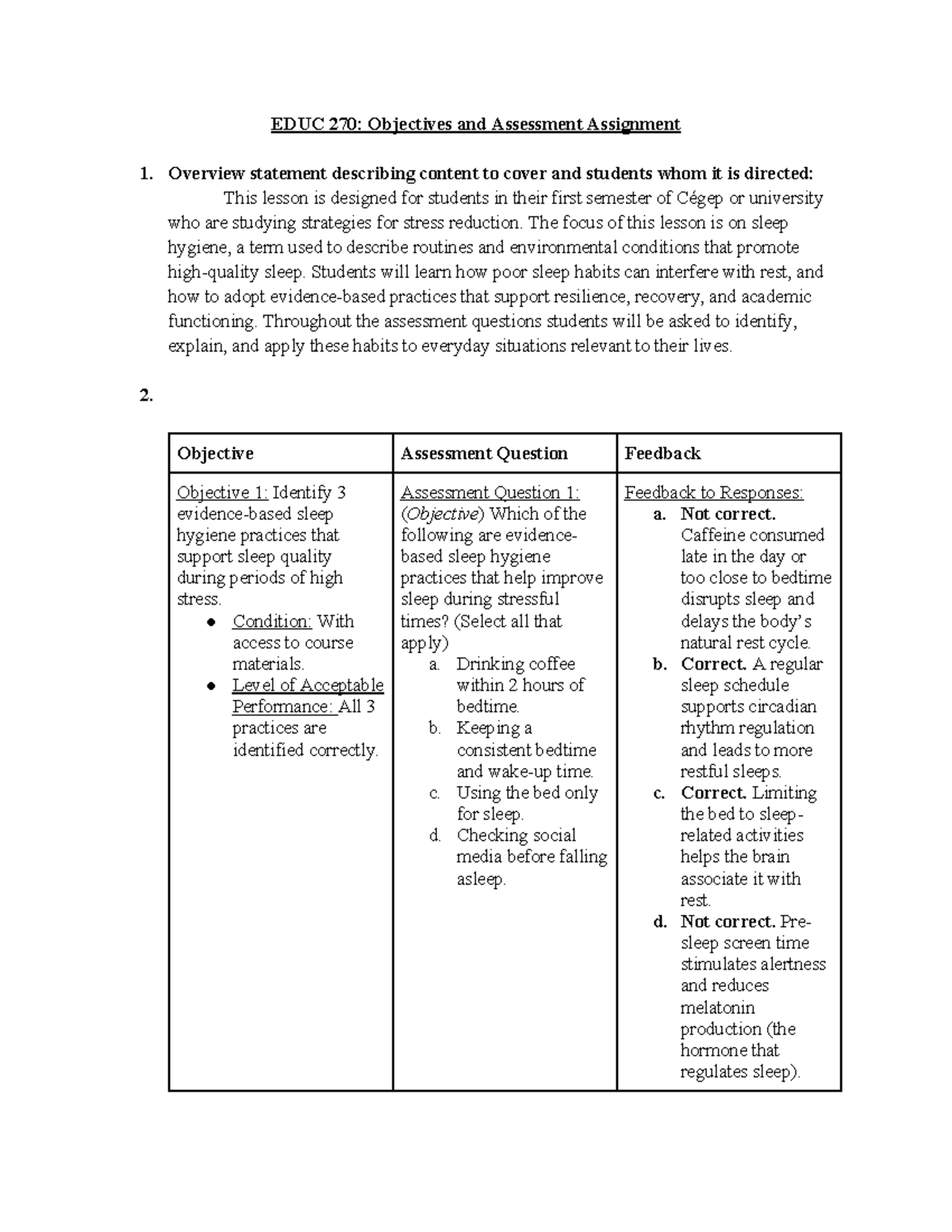 EDUC 270: Sleep Hygiene Objectives & Assessment Sample Assignment - Studocu
