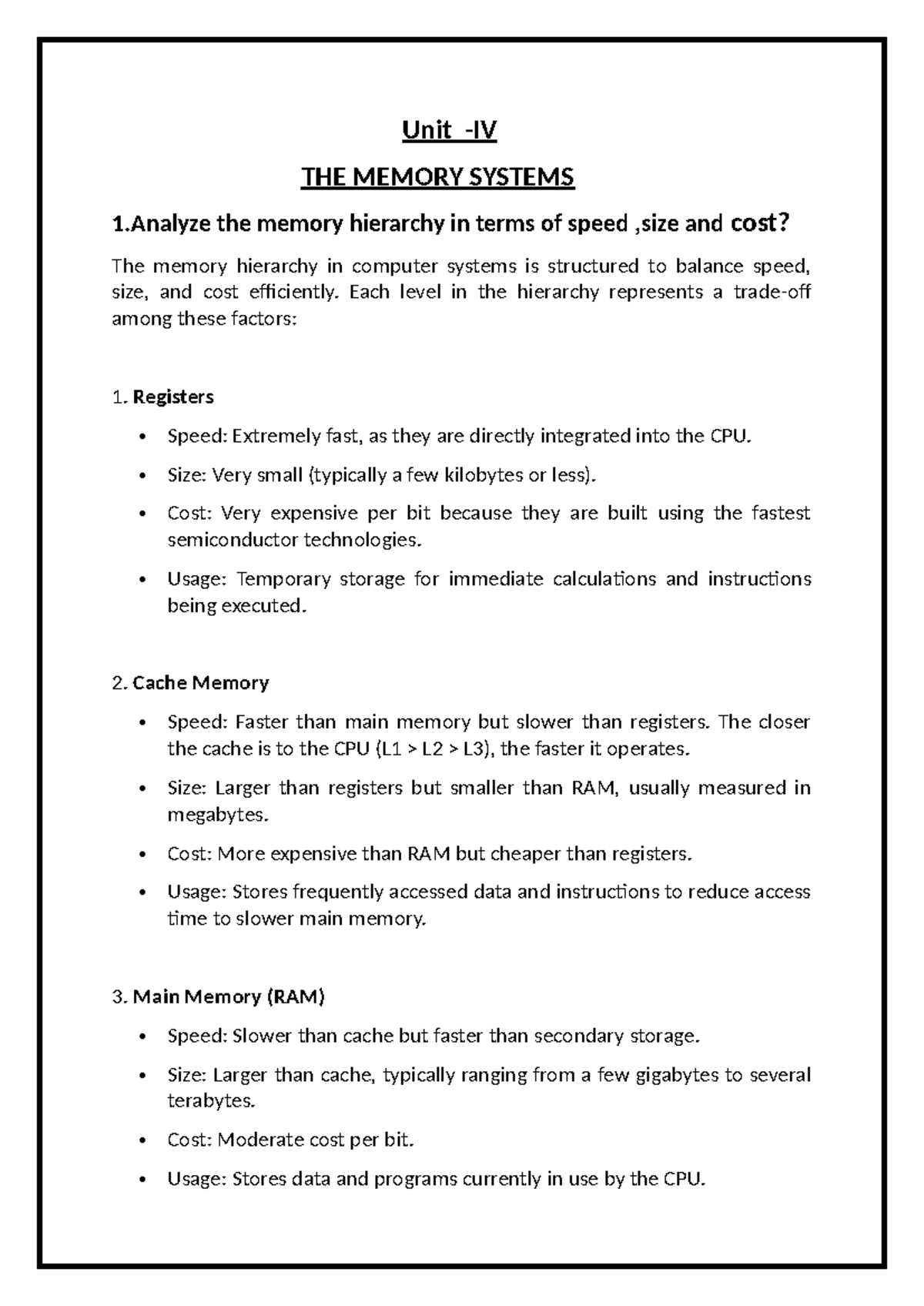 Co unit 4 - an important notes to study - Unit -IV THE MEMORY SYSTEMS 1 ...