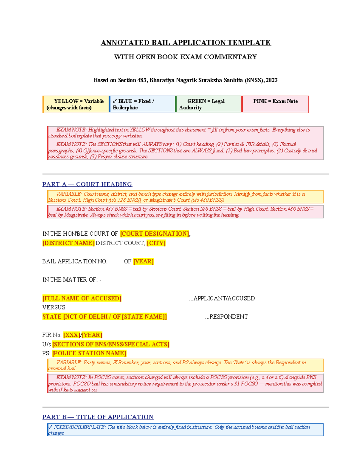 Bail Application Template with Commentary on BNSS 2023 - Studocu