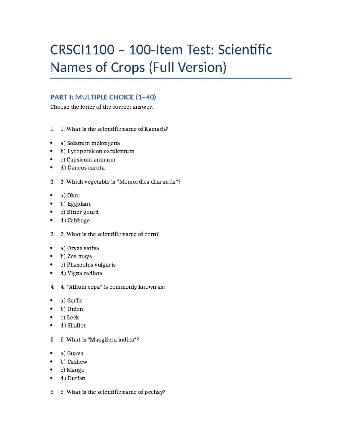 CRSCI1100 100-Item Test: Scientific Names of Crops - Studocu