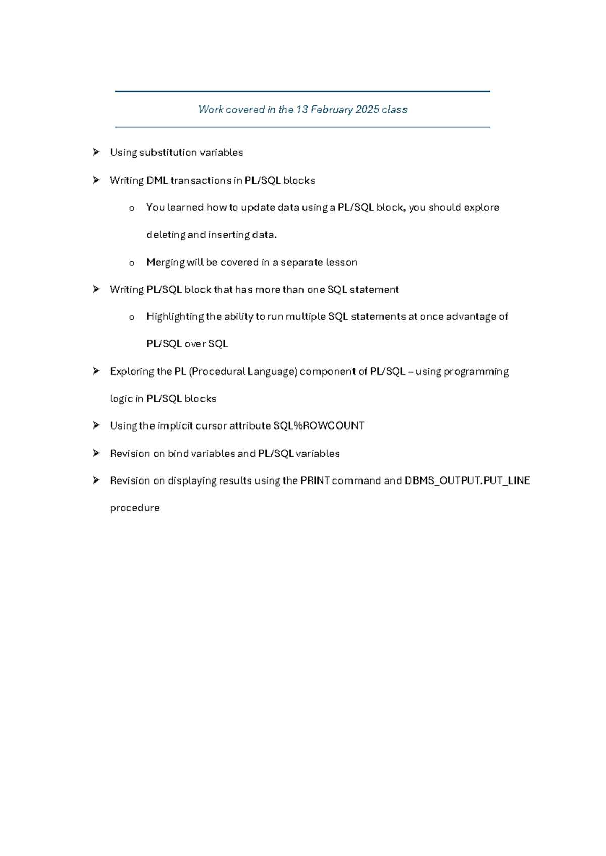 SQL DML Transactions & PL/SQL Logic - Class Notes (Feb 13, 2025) - Studocu