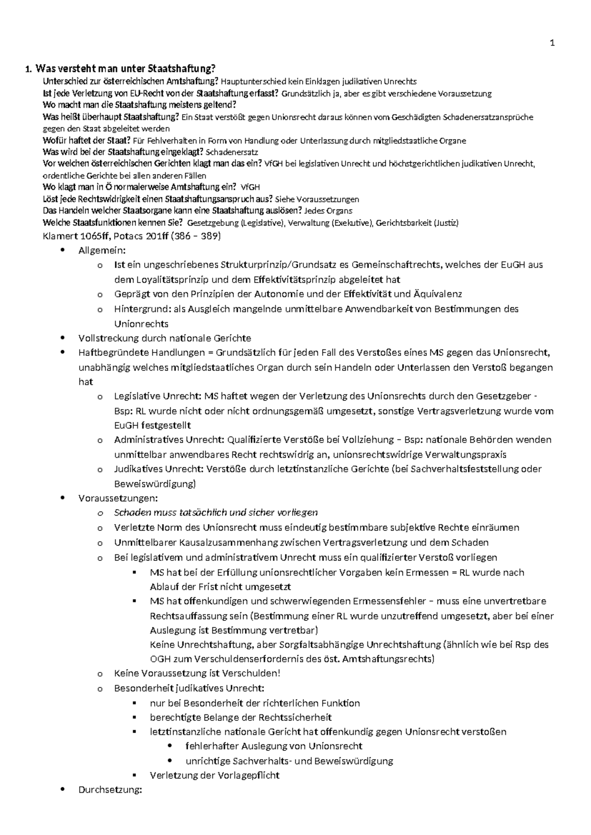 Fragenkatalog zur Staatshaftung und Unionsrecht (Potac) - Studocu