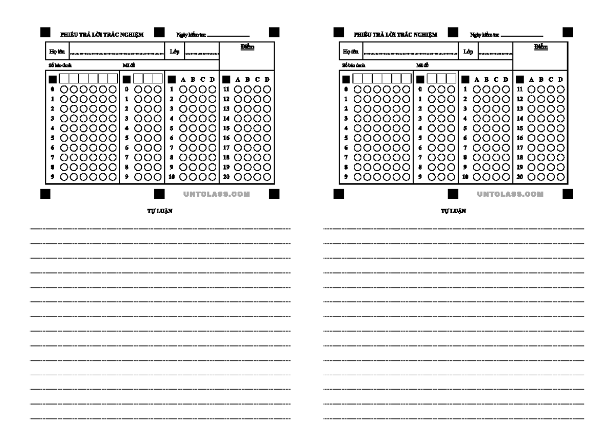 PHIẾU TRA LÒI TRẮC NGHIỆM - Un T 20 ABCD 2 Forms - Studocu