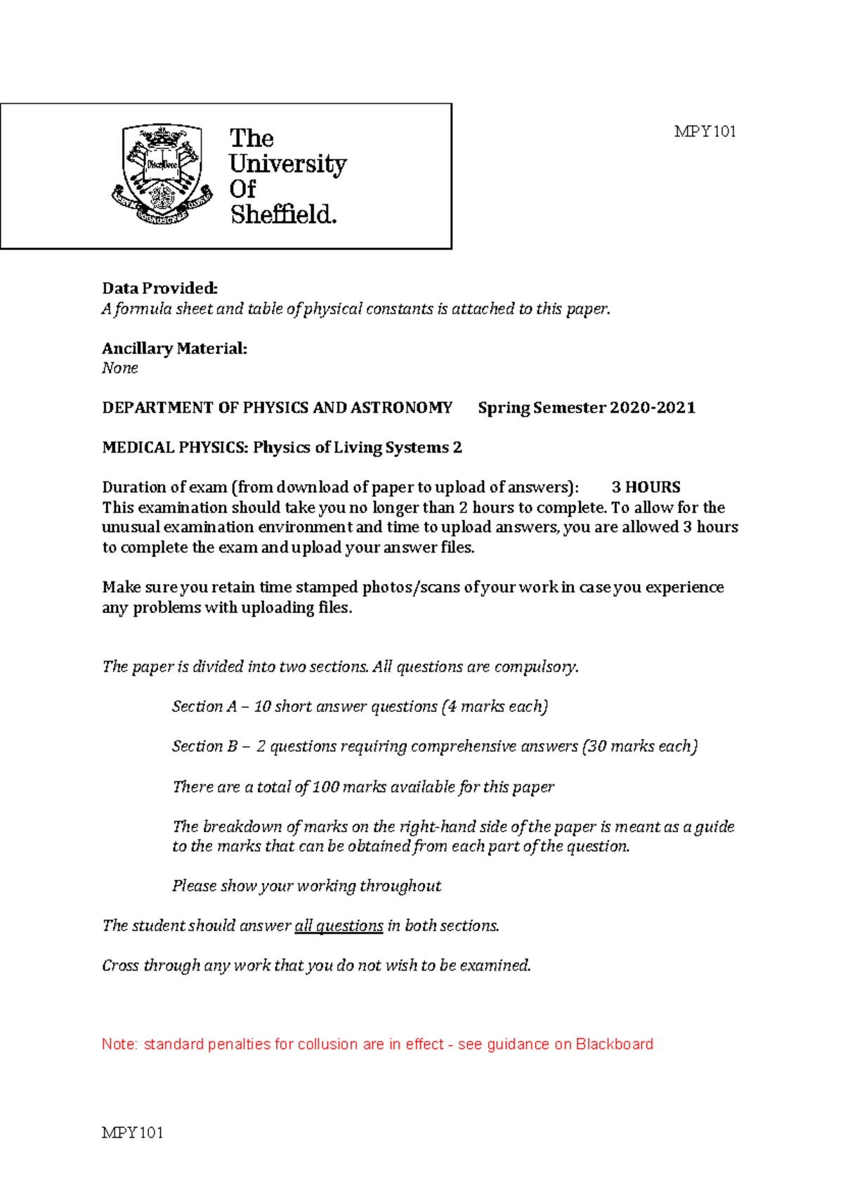 MPY101 20-21 - Past Papers - MPY MPY Data Provided: A formula sheet and ...