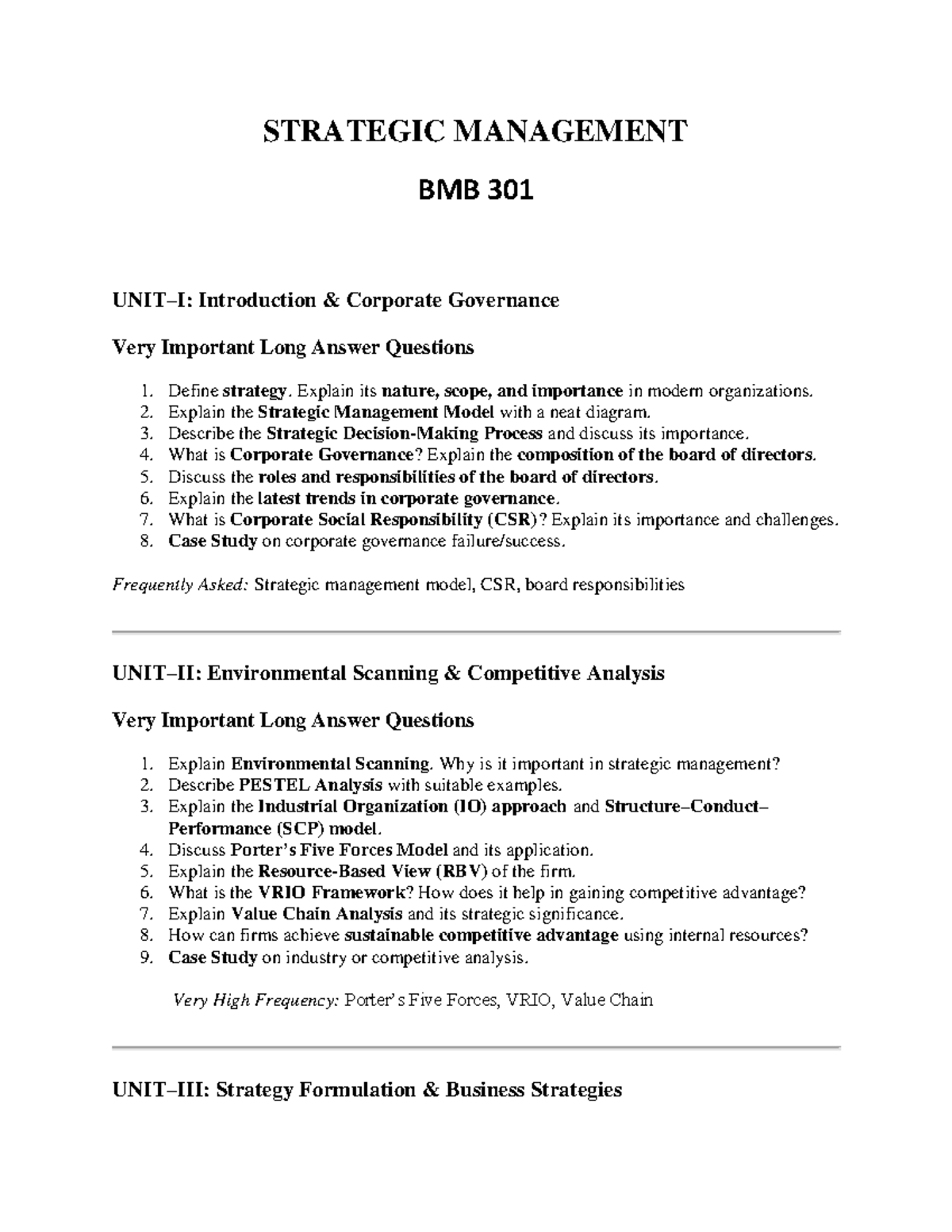 Strategic Management BMB 301: Key Concepts and Long Answer Questions ...