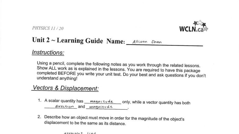 Physics 11 Unit 2 Learning Guide and Notes - Studocu