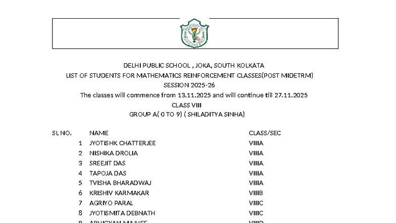 DPS Joka Math Reinforcement Classes List (Post Midterm) - Studocu