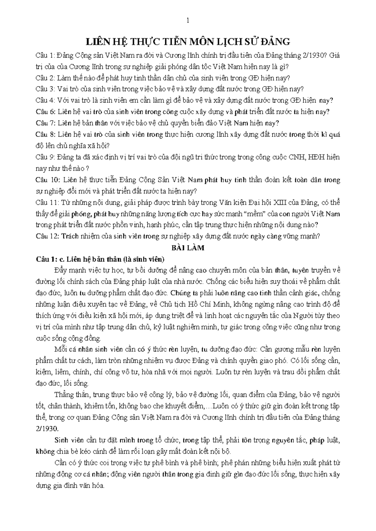 Liên hệ thực tiễn môn Lịch sử Đảng Cộng sản Việt Nam - Nhiệm vụ sinh viên - Document Preview