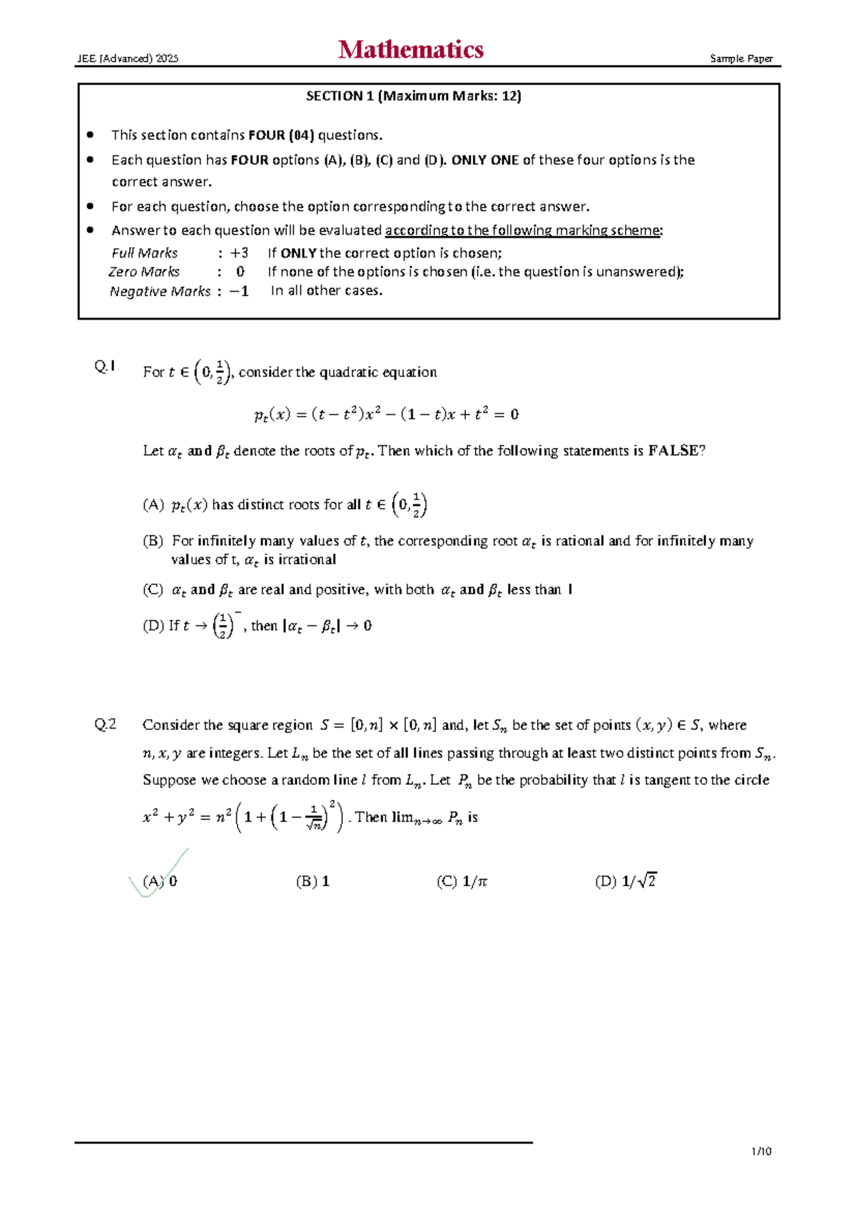 JEE (Advanced) 2025 Mathematics Sample Paper 1 Practice Questions - Studocu