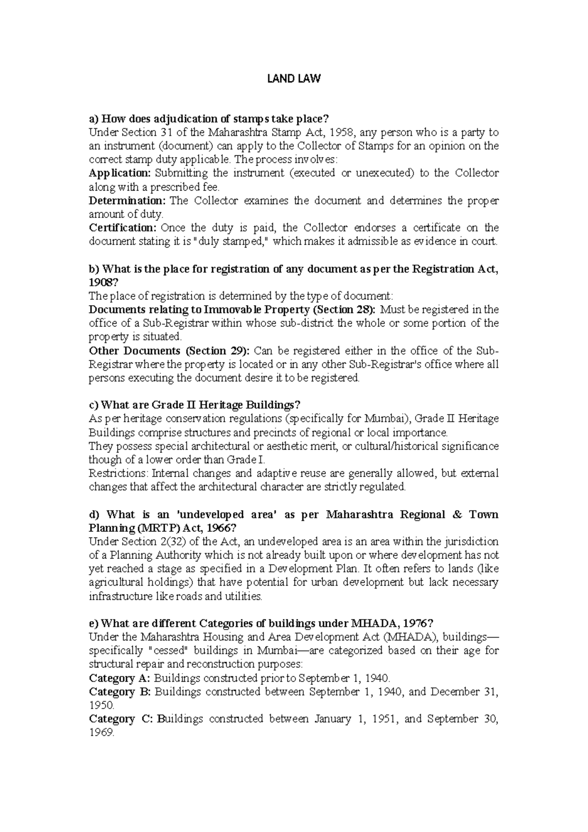 LAND LAW (Course Code) - Comprehensive Notes on Key Concepts - Studocu