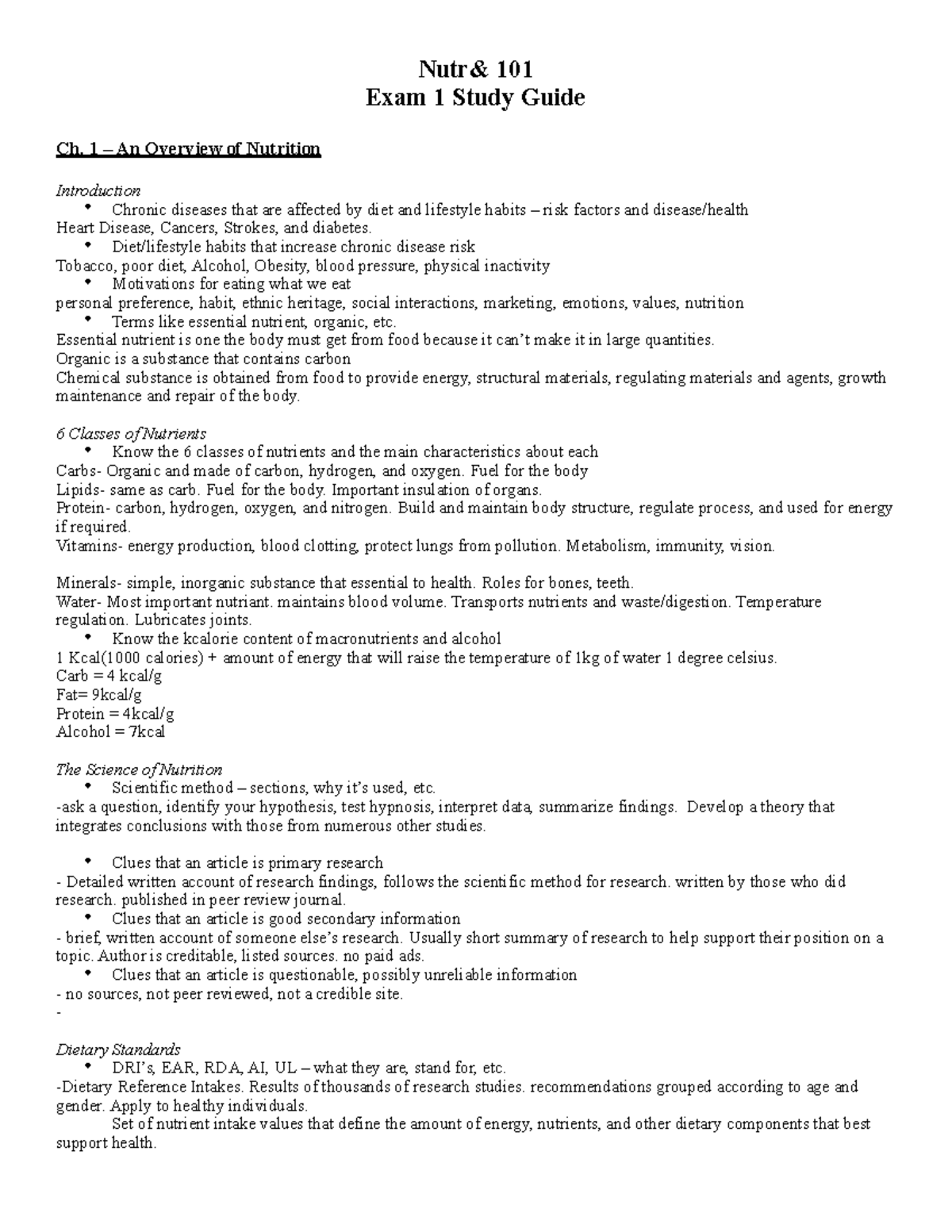 Nutr& 101 Exam 1 Study Guide: Key Concepts and Nutritional Basics - Studocu