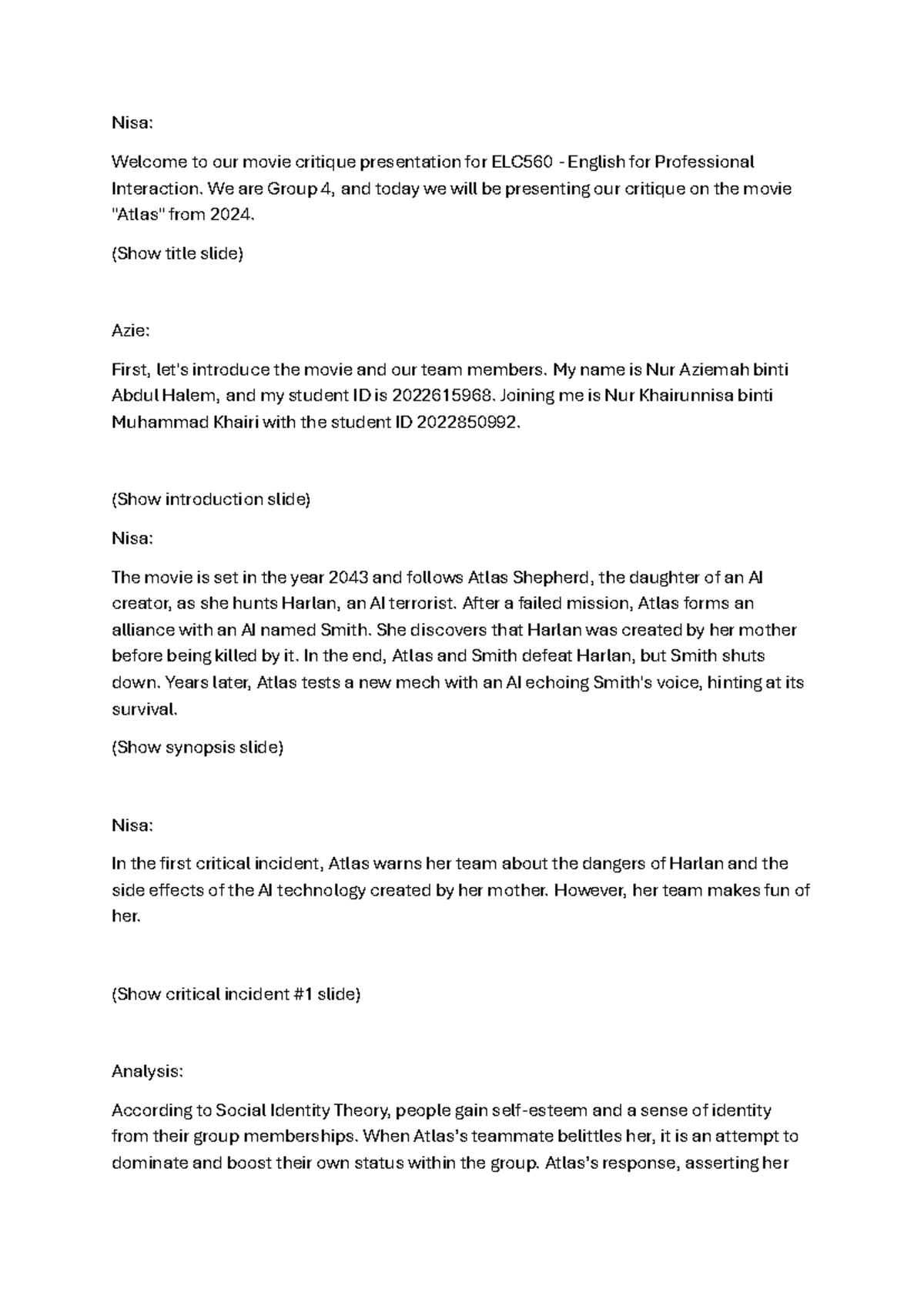 Document - Mine - Nisa: Welcome to our movie critique presentation for ...