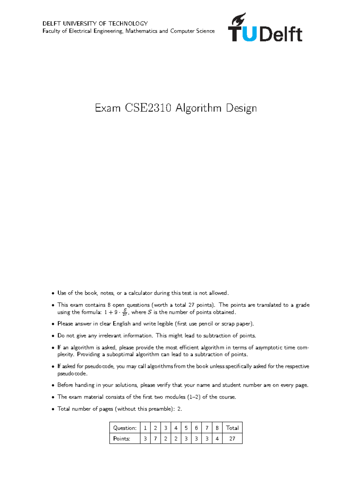 CSE2310 Final Exam Practice Questions on Algorithm Design - Studeersnel