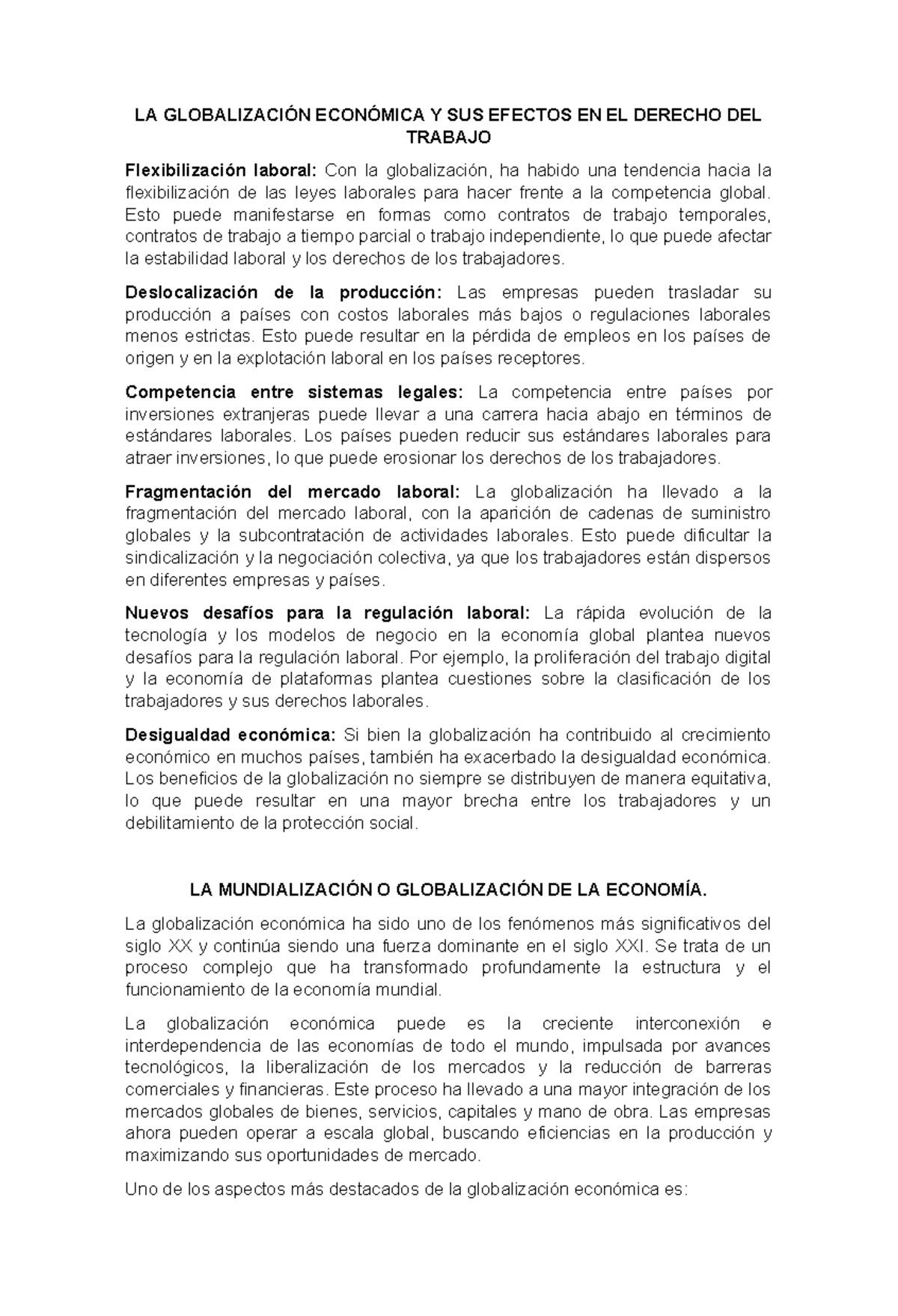 LA Globalización Económica y sus Implicaciones en el Derecho Laboral ...