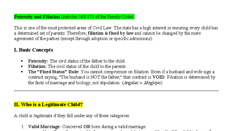 Part XI - Paternity and Filiation: Insights from the Family Code - Studocu