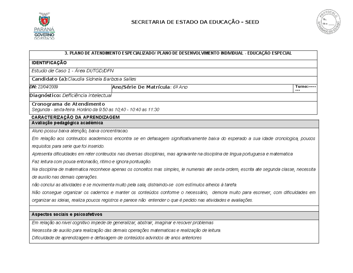 Plano de Atendimento Especializado AEE PSS Paraná 2024 - Studocu