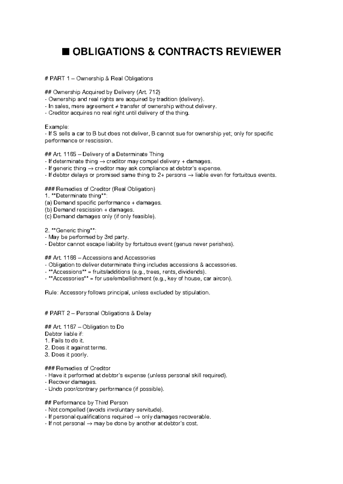 Obligations & Contracts Reviewer (Part 1 & 2) - Key Concepts - Studocu