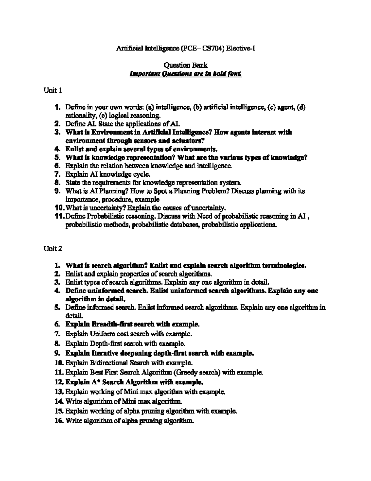 CS704 Unit 1 & 2 AI Question Bank: Key Concepts & Algorithms - Studocu