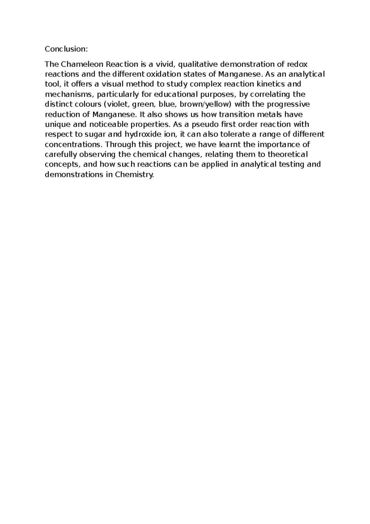 Conclusion: Chameleon Reaction & Redox Demonstration (CHEM 101) - Studocu