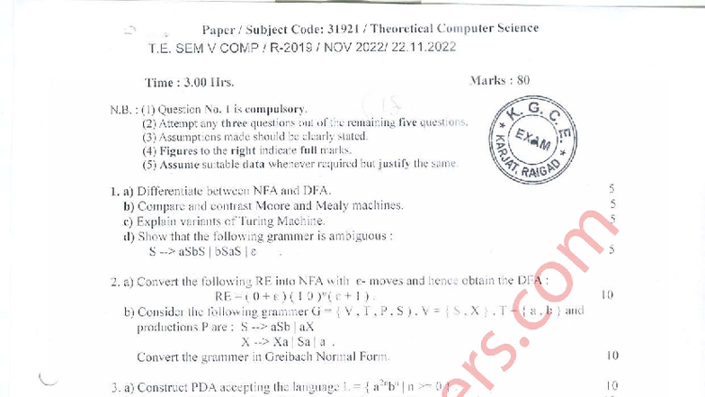 TCS 31921 Theoretical Computer Science - Previous Year Questions - Studocu