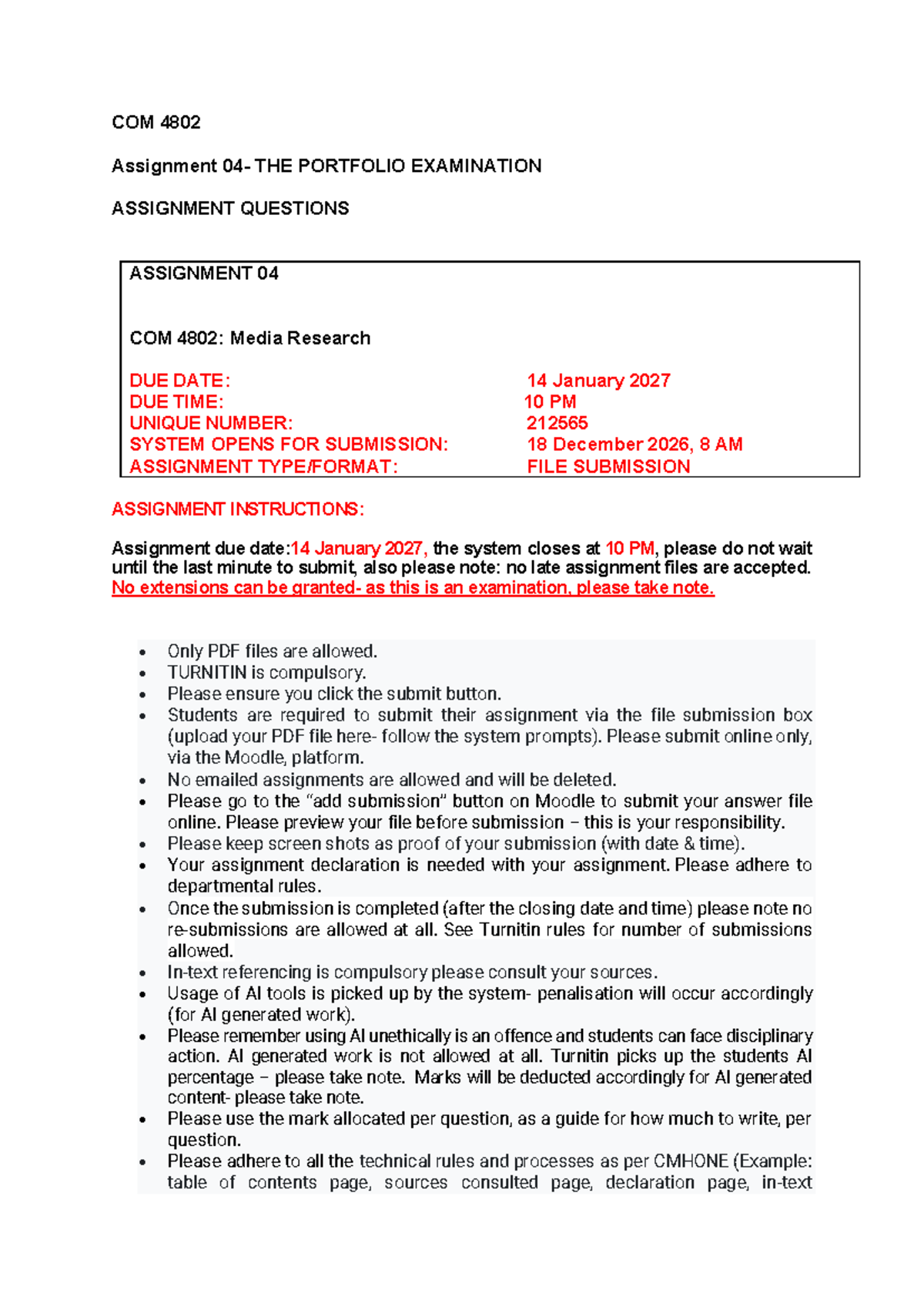 COM 4802 Assignment 04 - Portfolio Examination Guidelines and ...