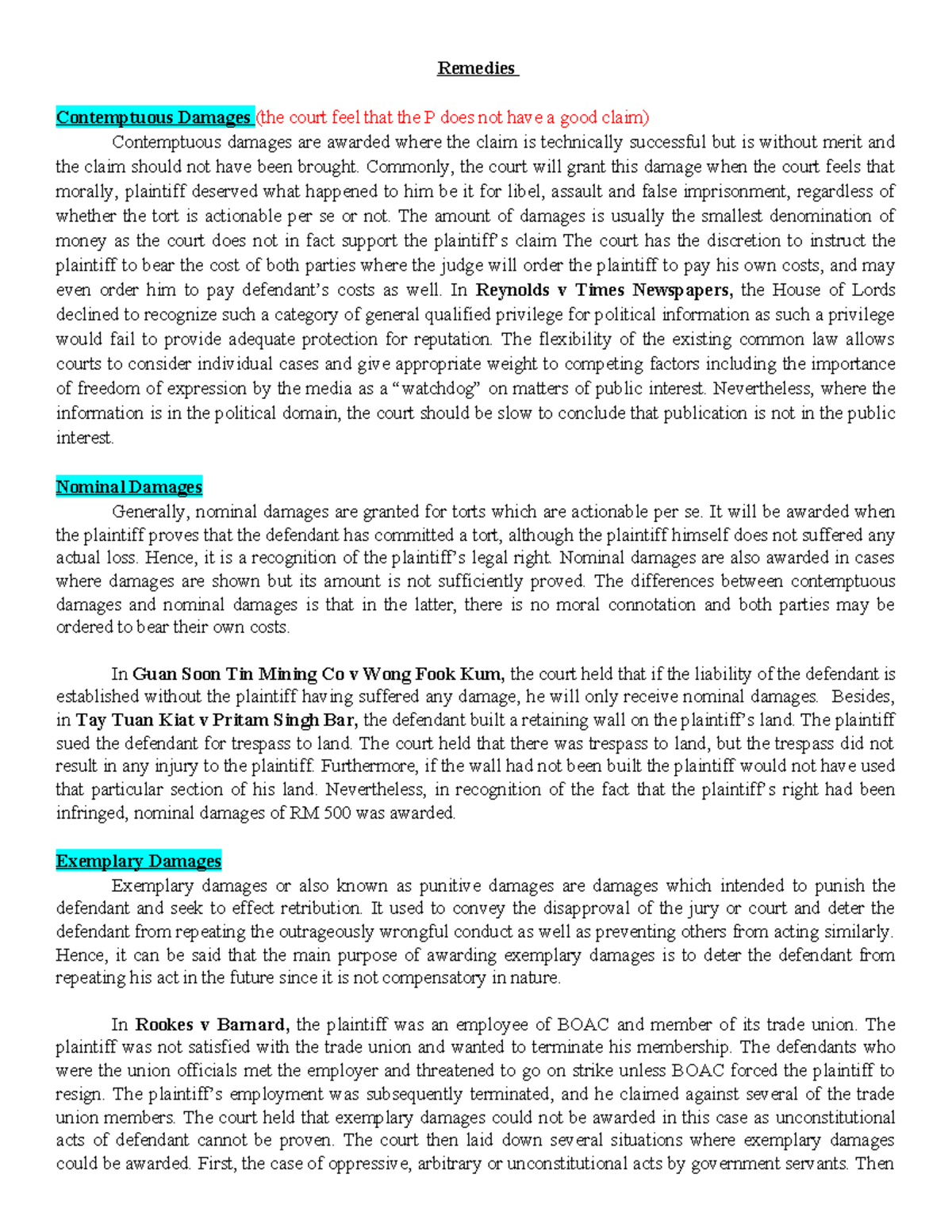 Exam Remedies III - Notes on Contemptuous, Nominal, and Exemplary ...