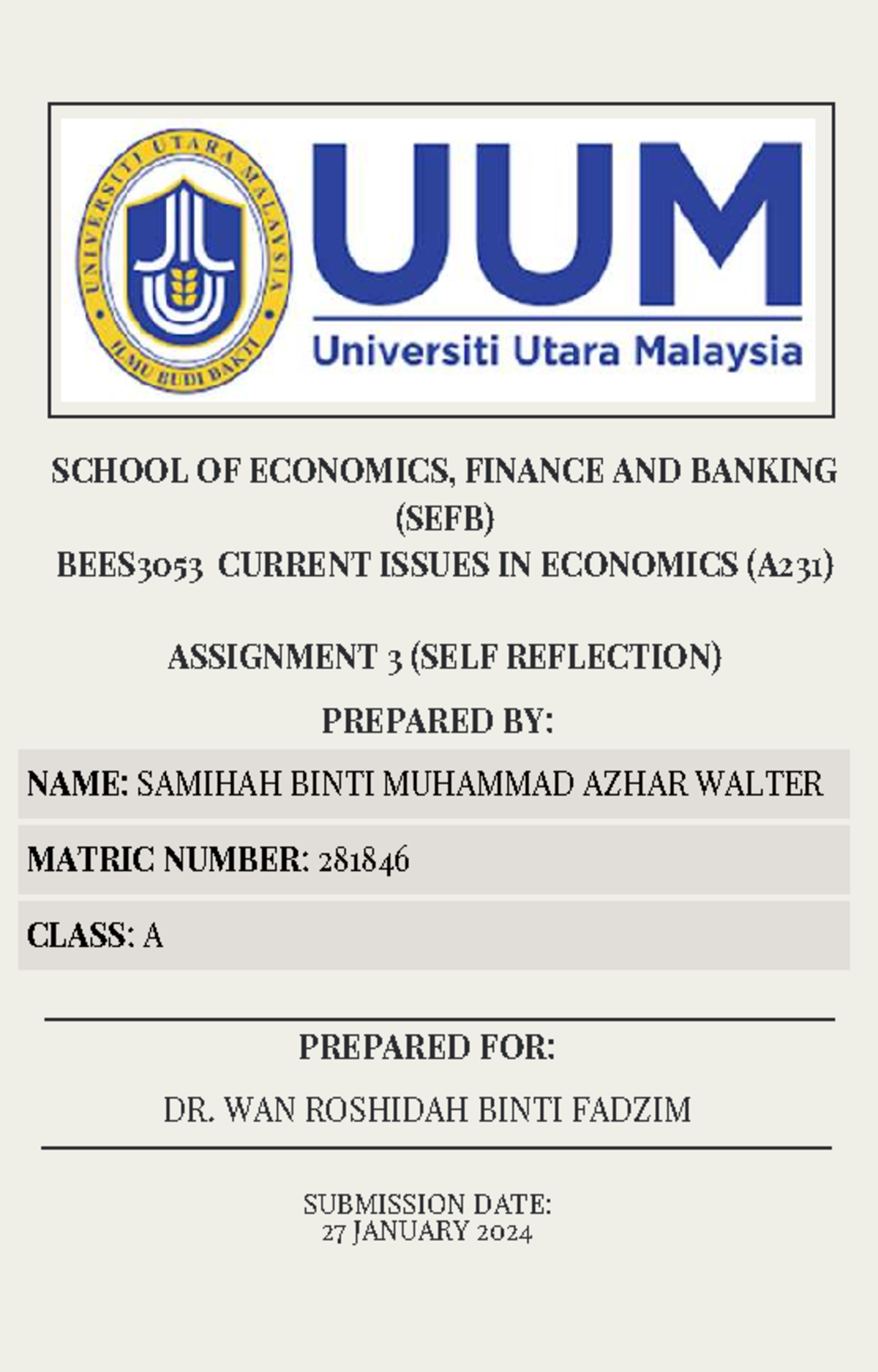 BEES3053 Current Issues in Economics: Self-Reflection Assignment - Studocu