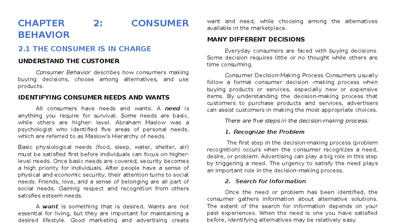 CHAPTER 2: CONSUMER BEHAVIOR AND DECISION MAKING - Studocu