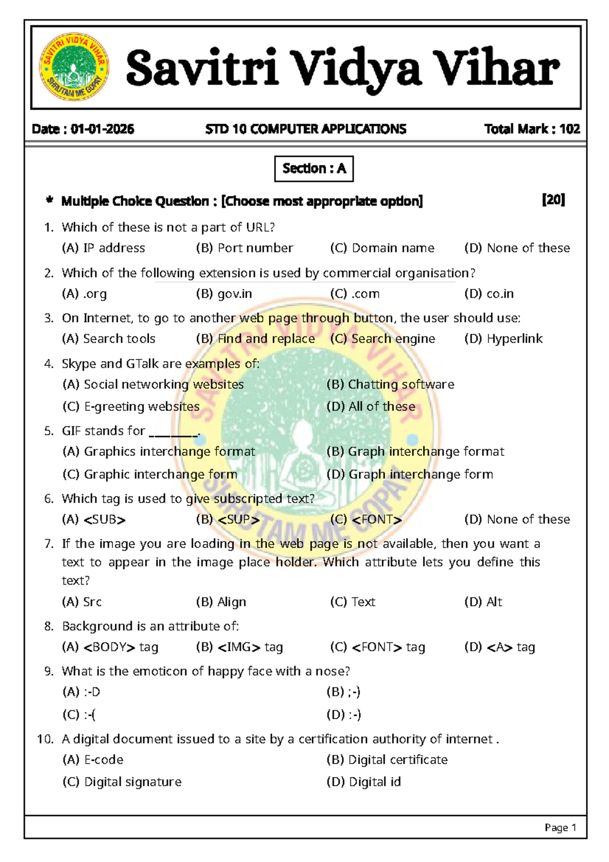 STD 10 COMPUTER APPLICATIONS: MCQ & Short Answer Practice - Studocu