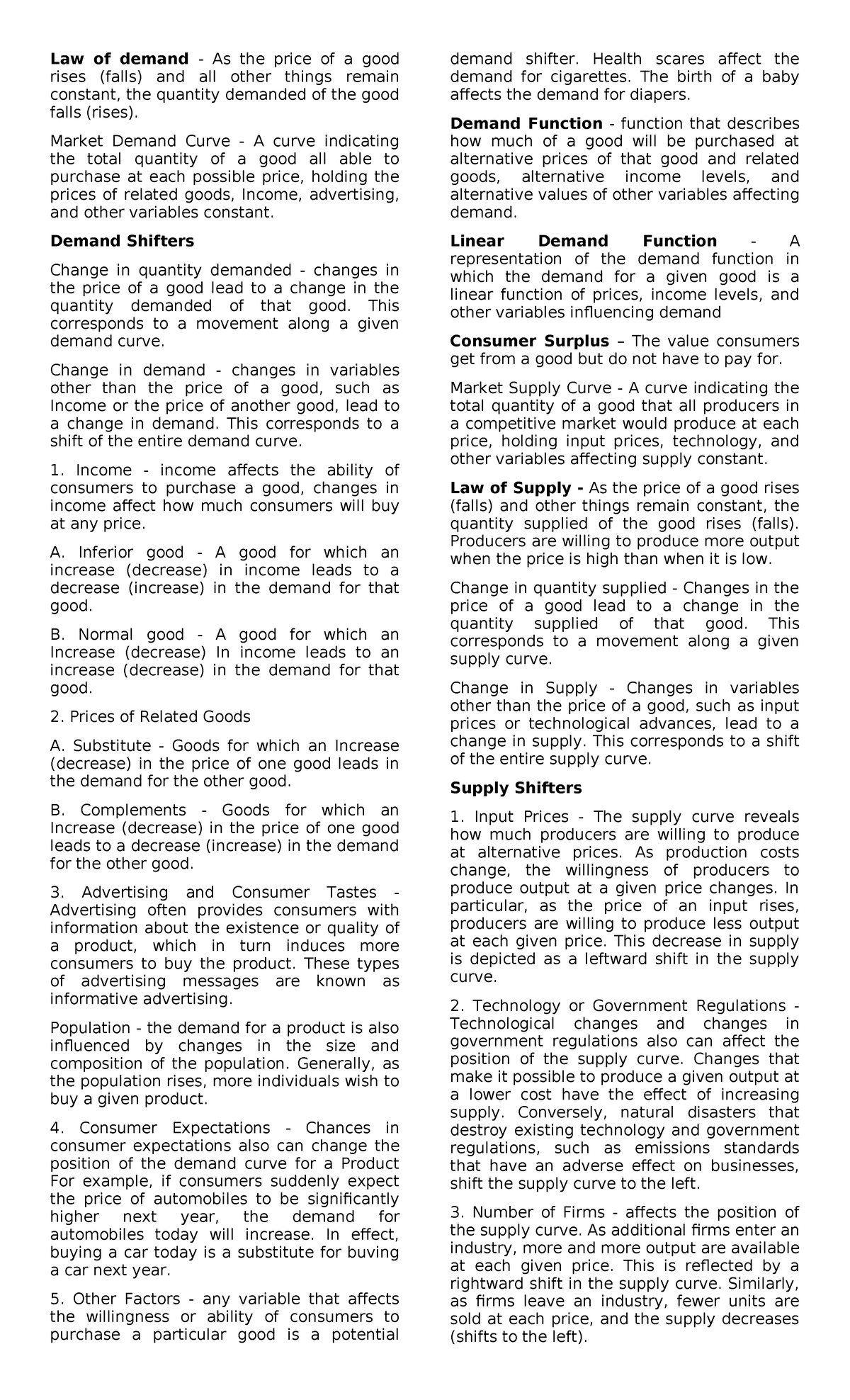 Econ 101: Law of Demand and Supply Review Notes - Studocu