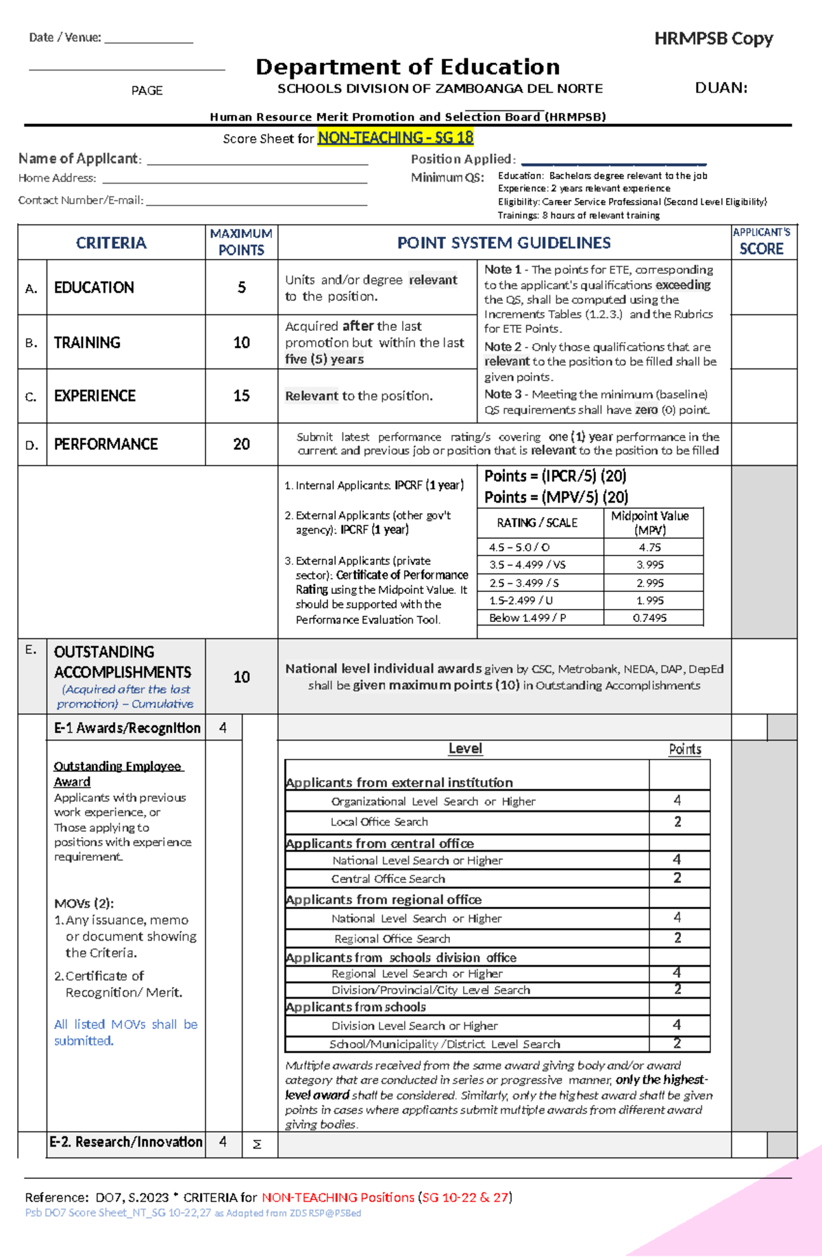 DO7 Score Sheet for Non-Teaching Positions SG 10-22, 27 Criteria - Studocu