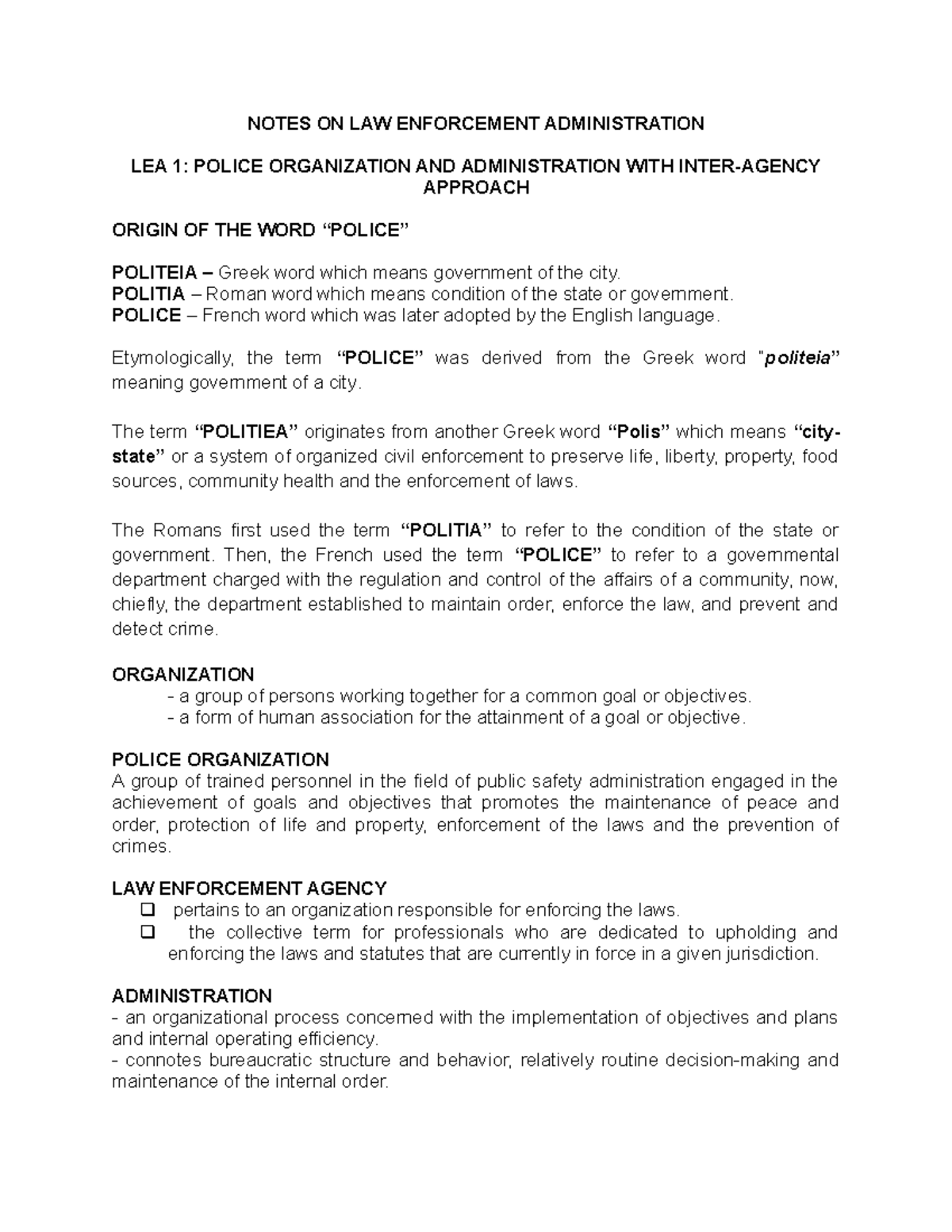 LEA-1- Modules - helpful - NOTES ON LAW ENFORCEMENT ADMINISTRATION LEA ...