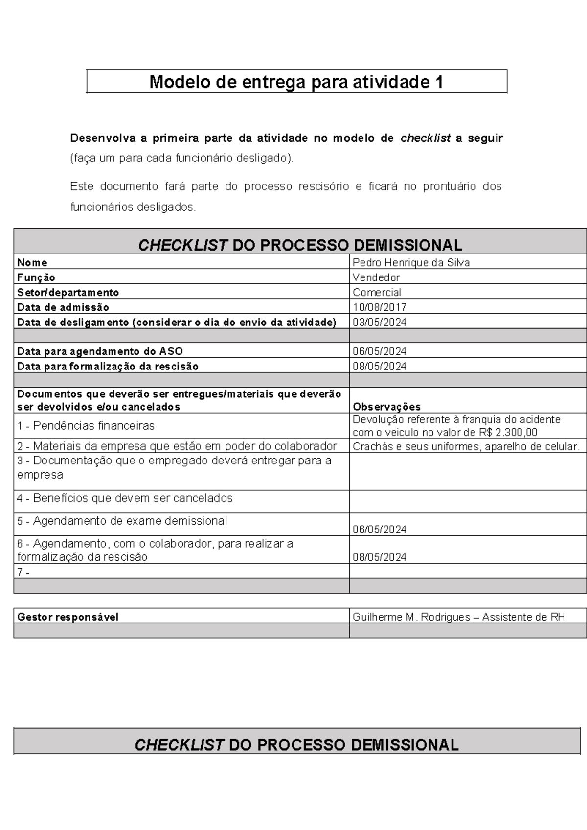 Checklist DO Processo Demissional - Modelo de entrega para atividade 1 ...