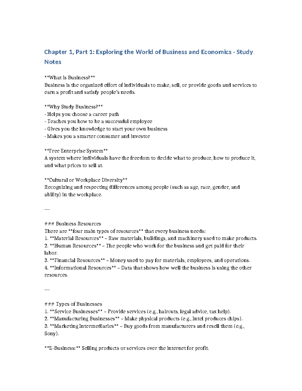 Chapter 1 Study Notes: Understanding Business and Economics Concepts ...
