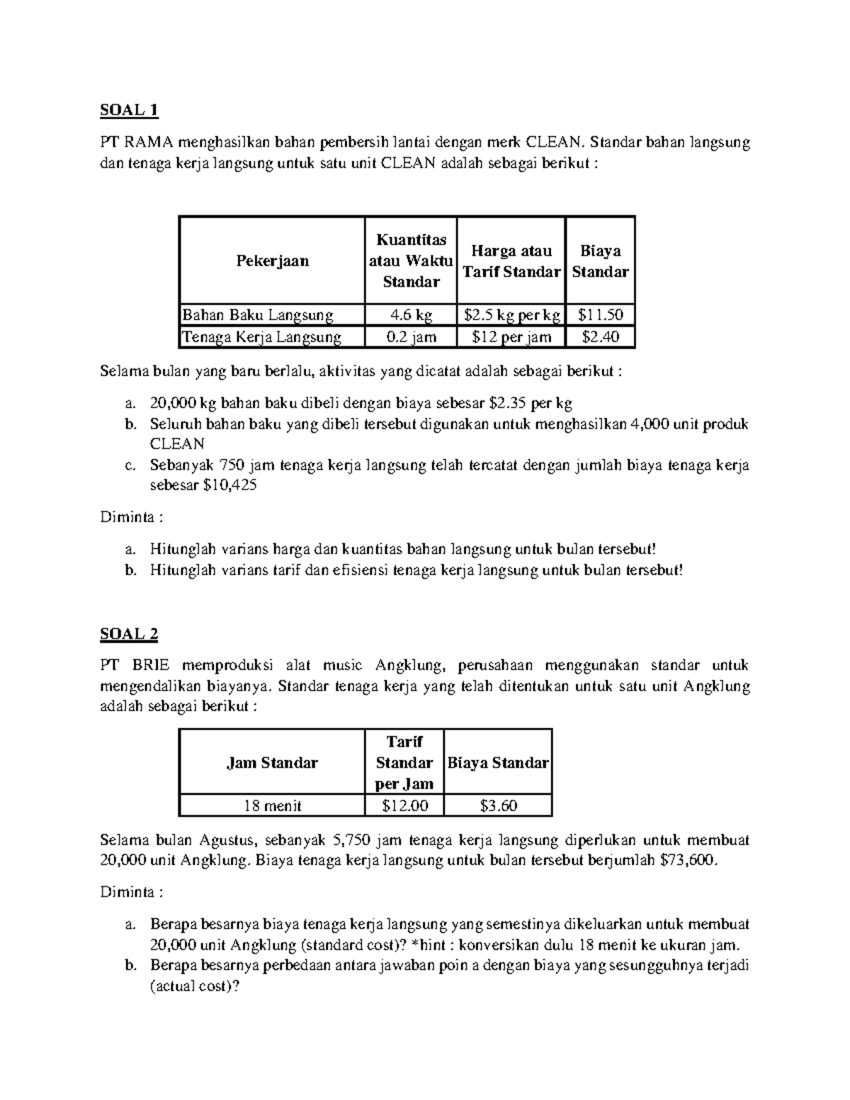 Latihan Soal Standar Costing Dan Varians Biaya Produksi Studocu