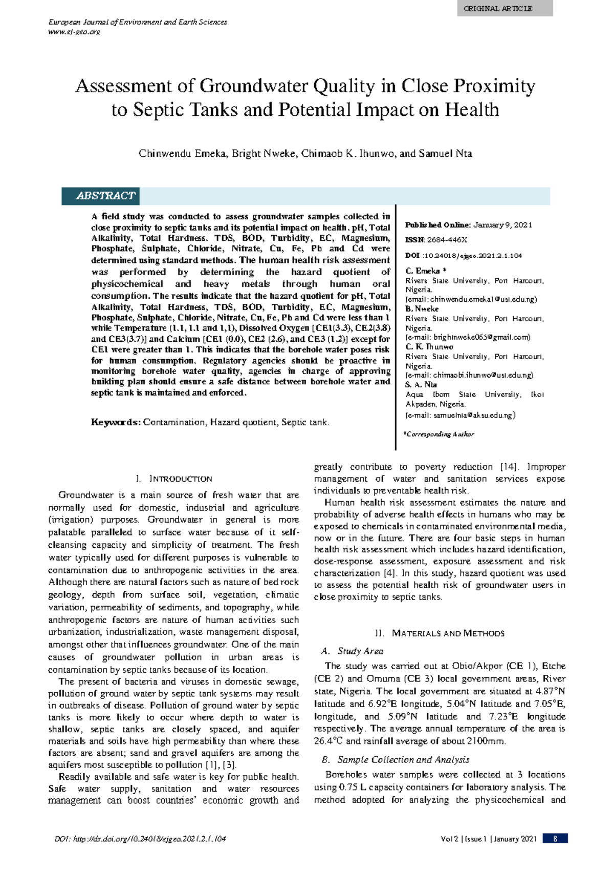 Health Risk Assessment of Groundwater Near Septic Tanks (CE1-CE3) - Studocu
