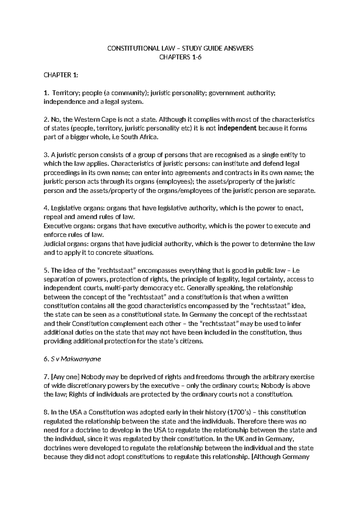 Constitutional Law Study Guide Answers: Chapters 1-6 Overview - Studocu