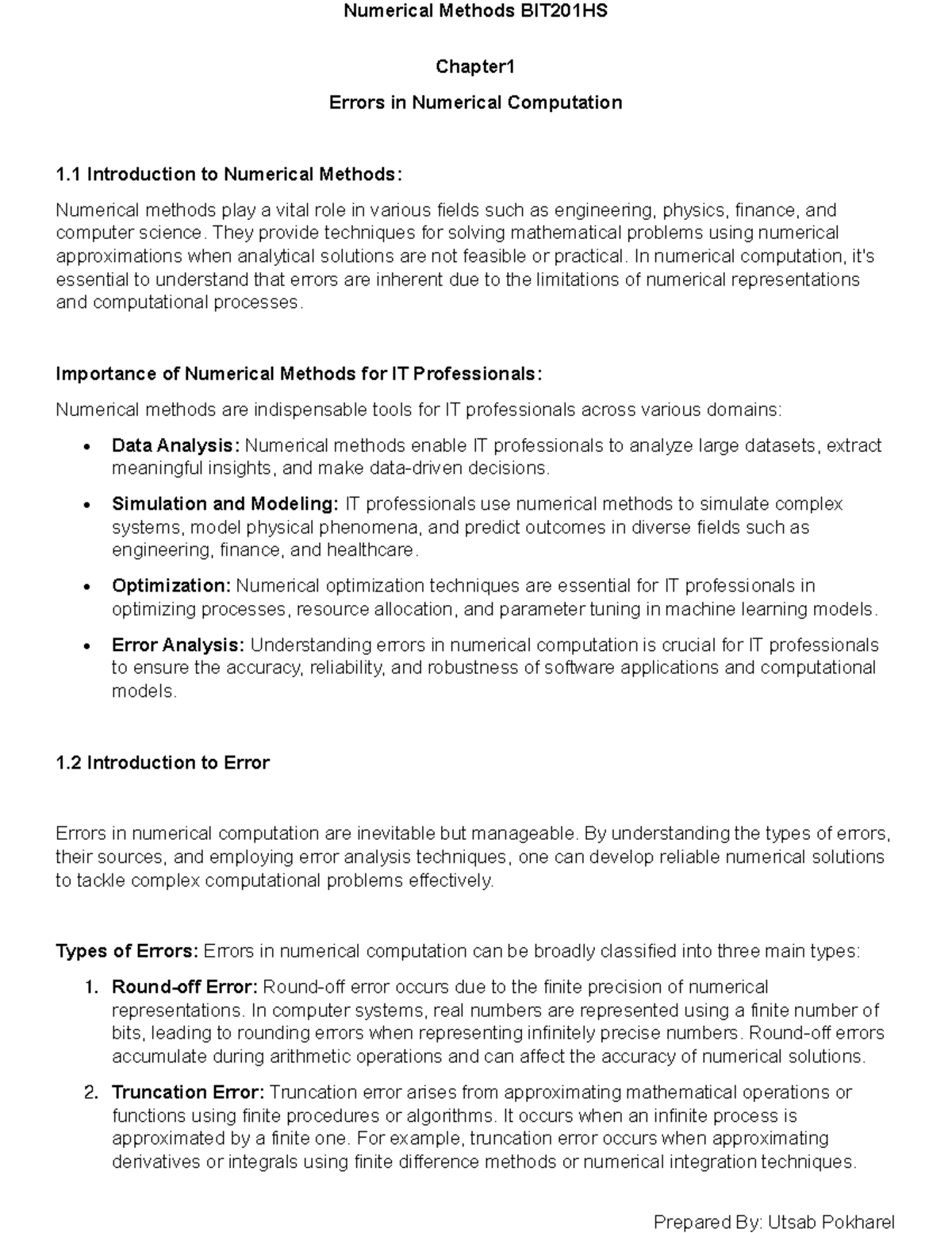 Numerical Methods BIT201HS: Chapter 1 - Errors in Computation - Studocu