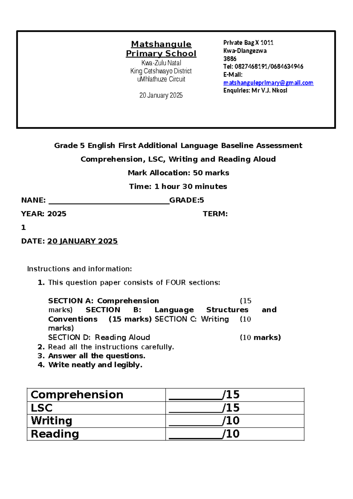 Grade 5 English First Additional Language Baseline Assessment 2025 ...
