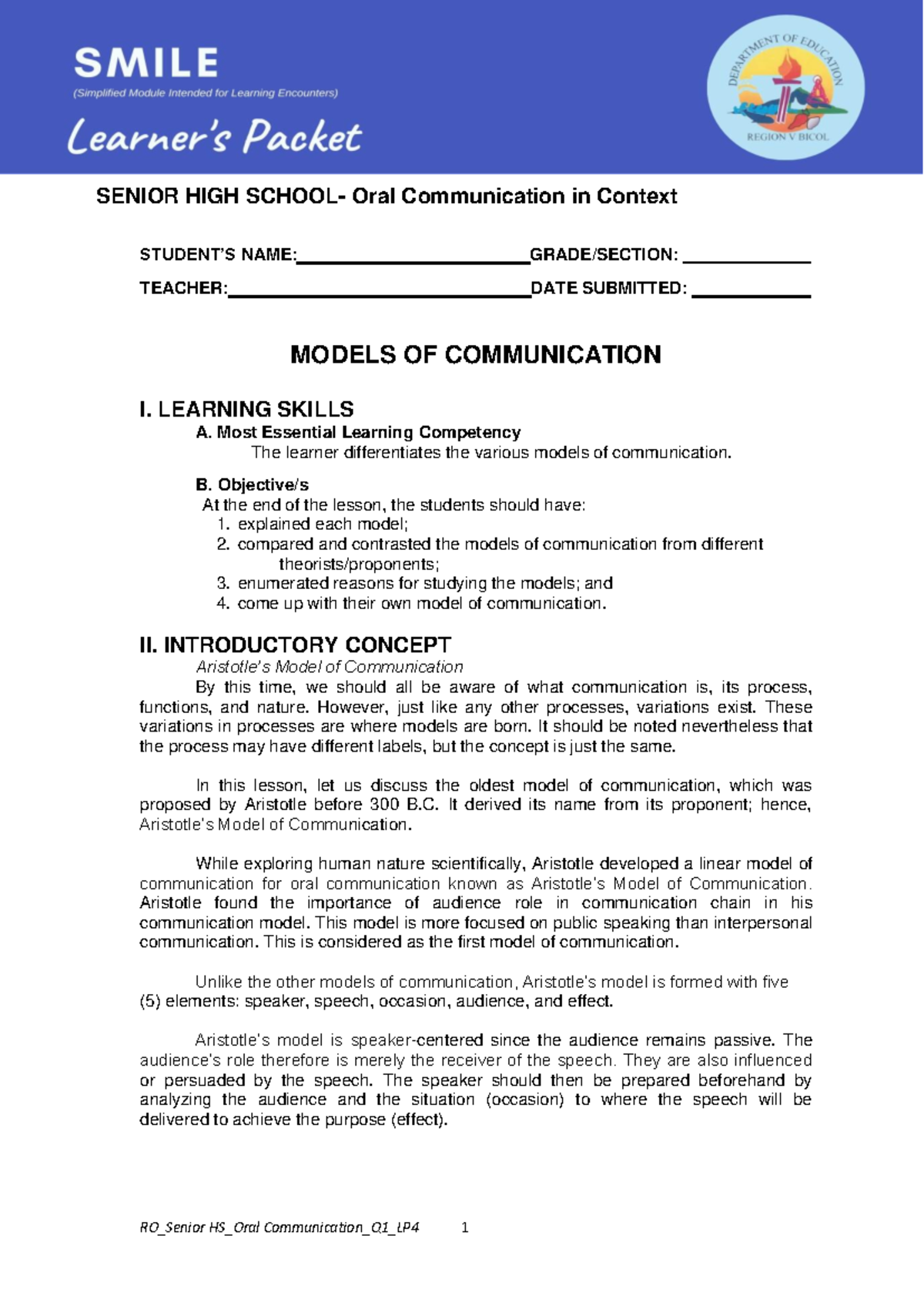 Communication Models: An Overview for RO Oral Communication Q1 LP-4 ...
