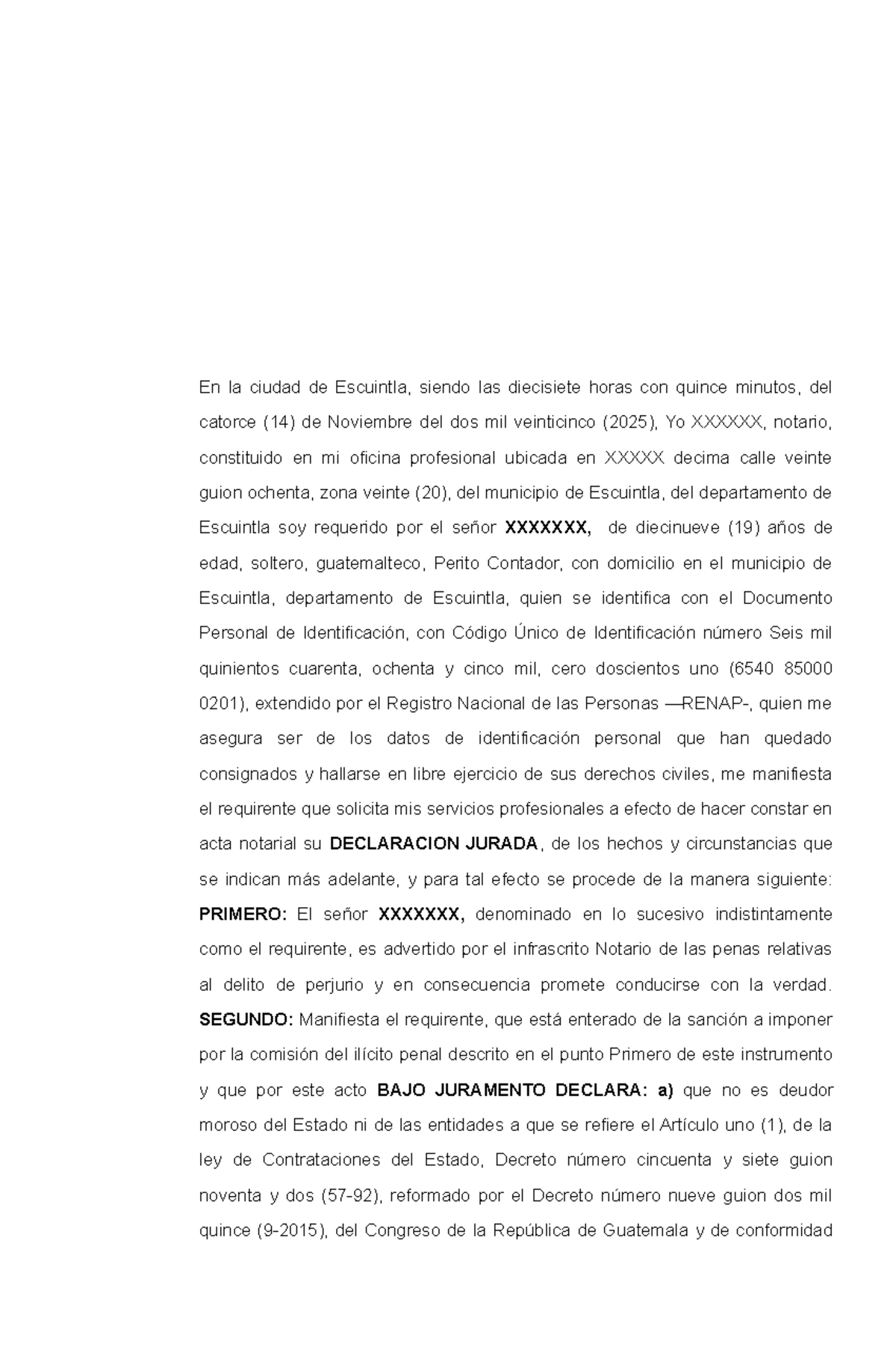 Declaración Jurada Notarial: No Deudor Moroso del Estado - Studocu