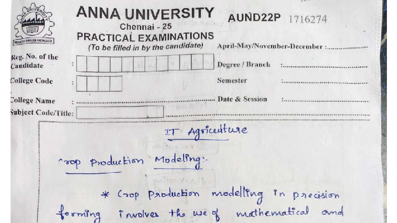AUND22P Practical Exam Notes on Crop Production Modeling - Studocu