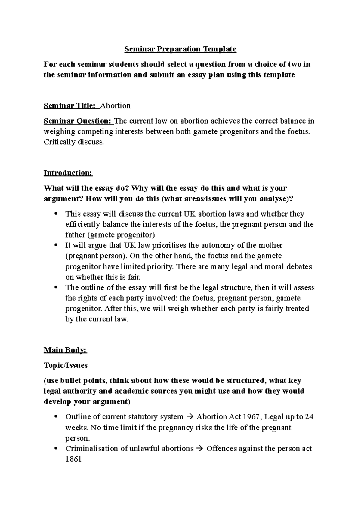 Medical Law Seminar 2: Essay Plan on Abortion Laws and Rights - Studocu